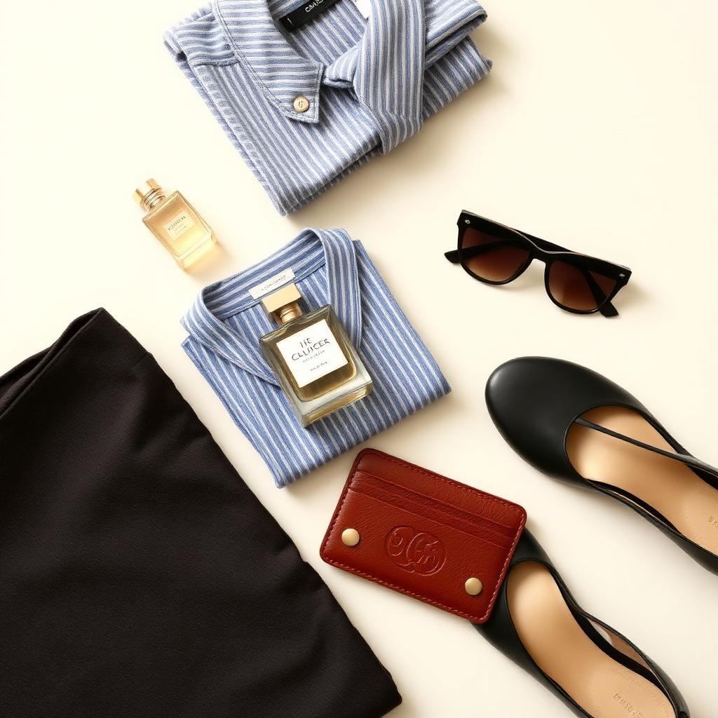 Modest fashion flatlay with folded clothing, perfume, leather wallet and sunglasses