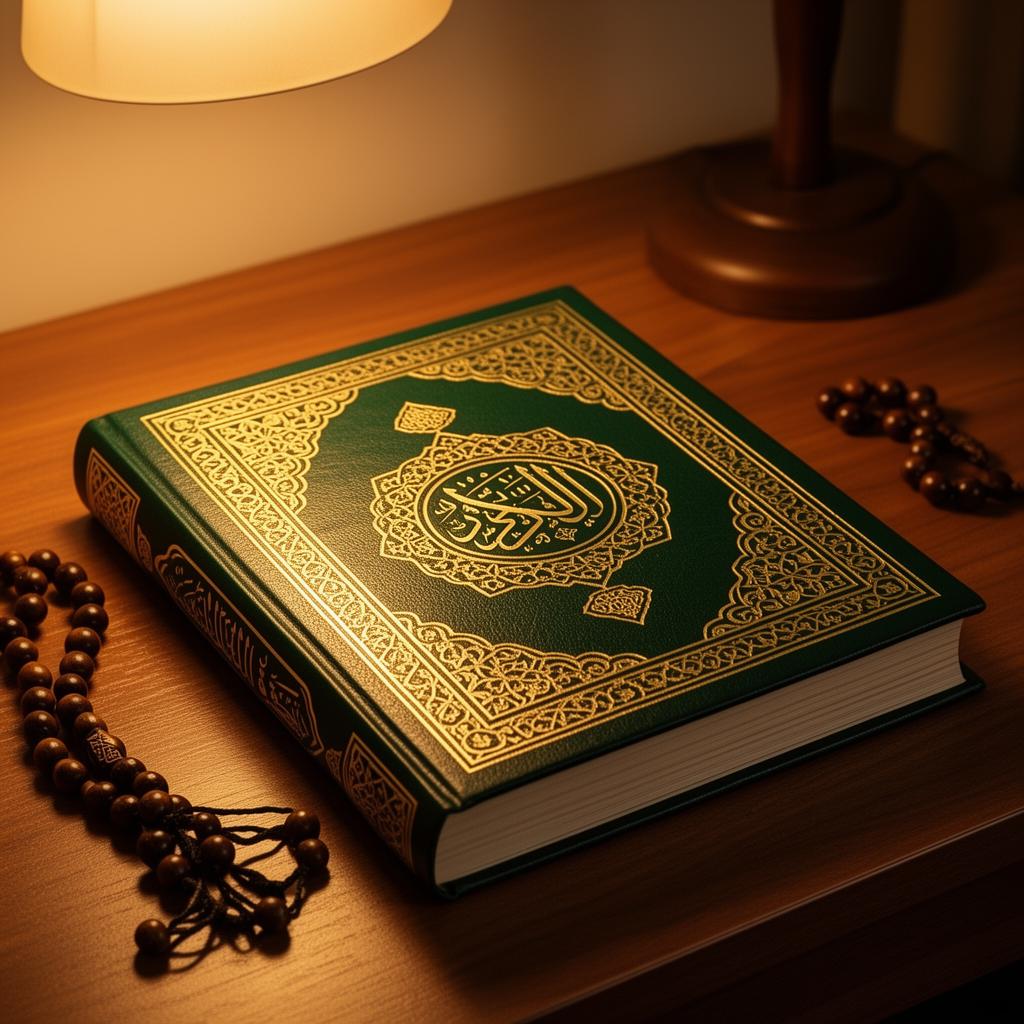 Beautifully bound closed Qur'an with gold calligraphy on a wooden desk under warm lamp light