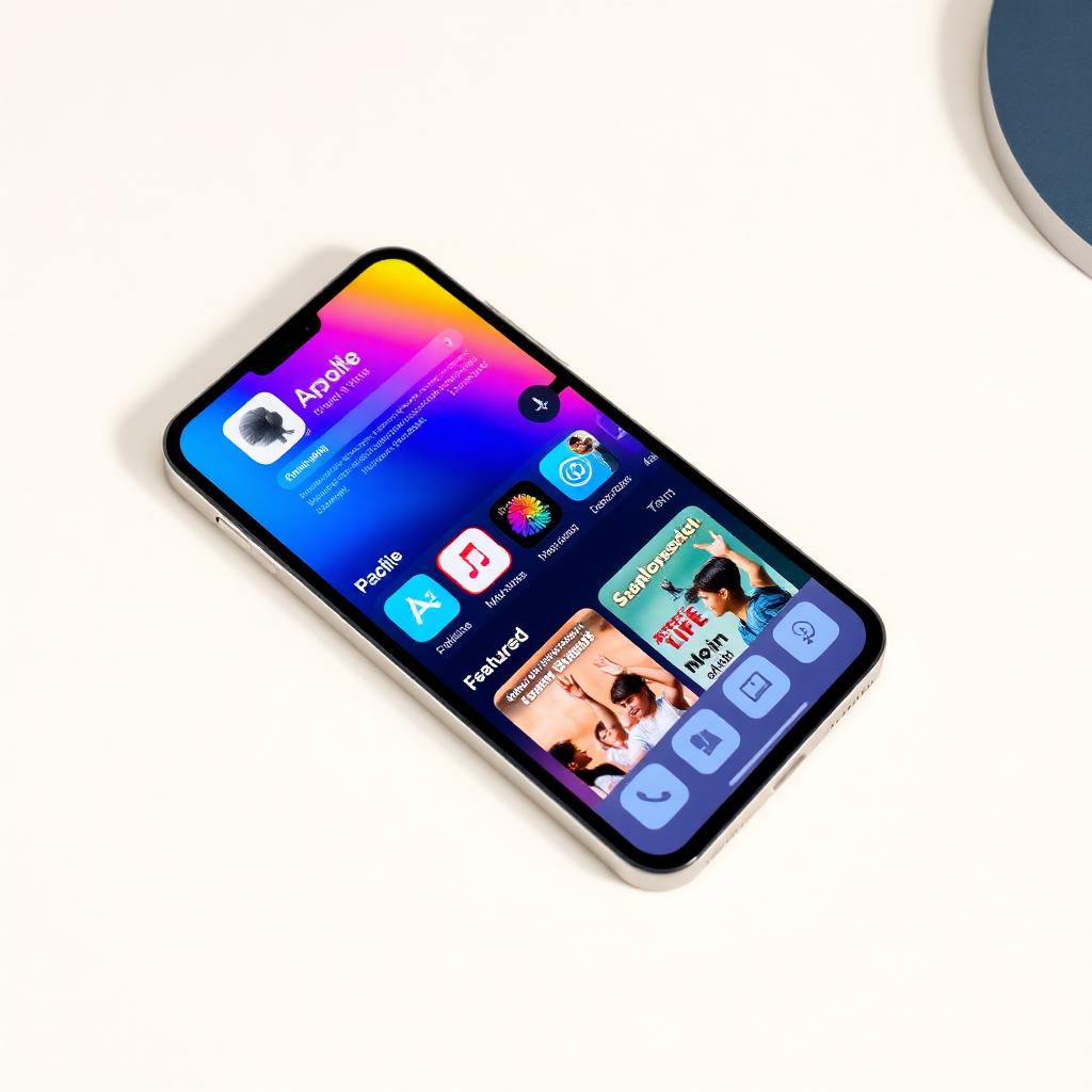 iPhone on a clean desk displaying the Apple App Store with colorful app icons
