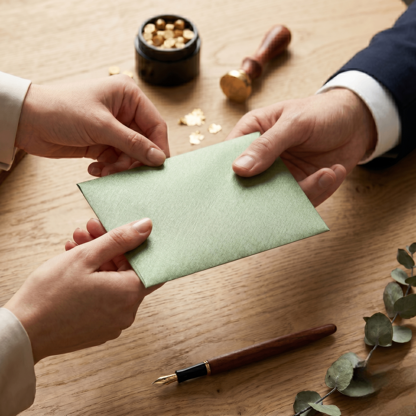 Elegant green Hadiyah gift envelope being exchanged as a thoughtful wedding present between guests