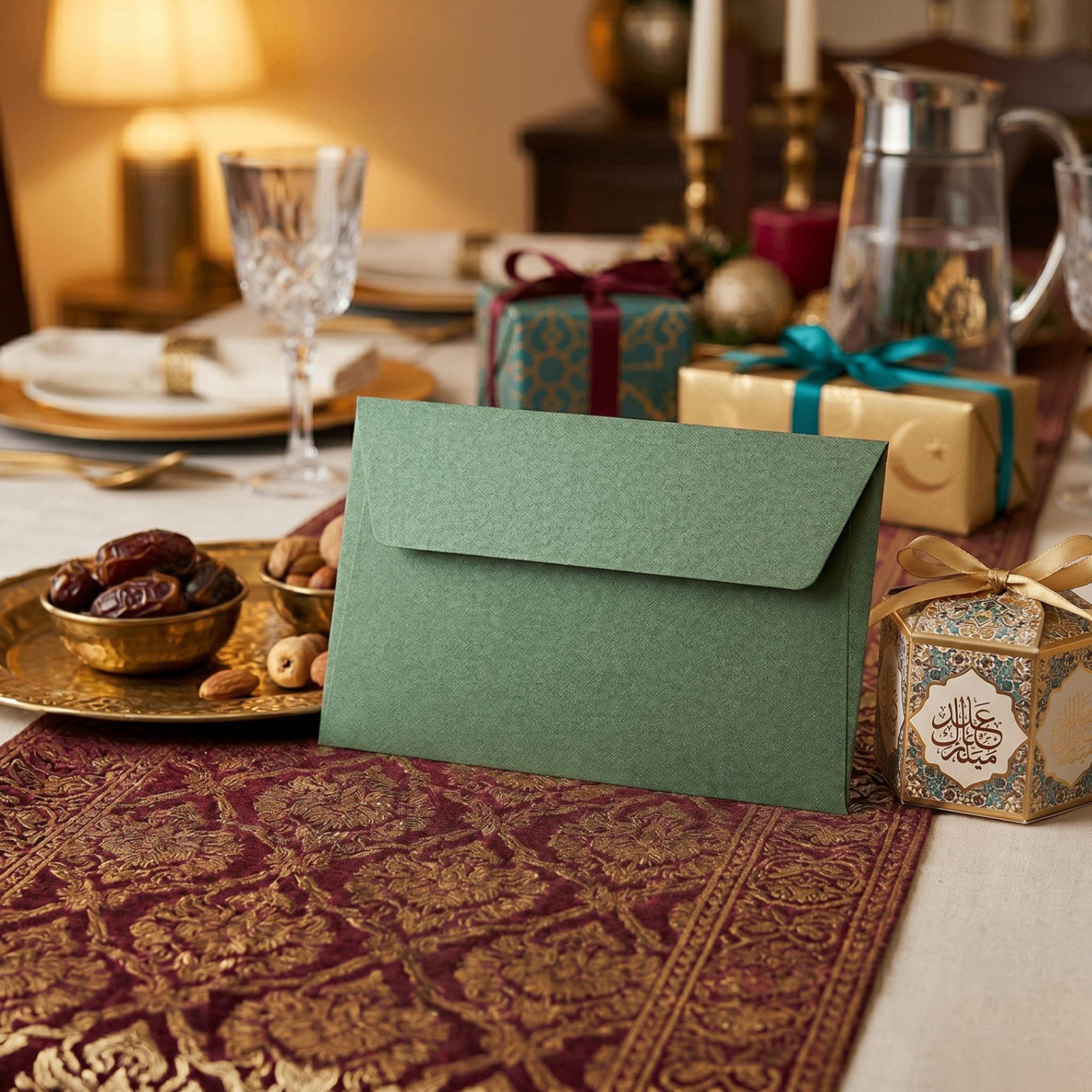 Eid Mubarak celebration with a Hadiyah gift envelope on a beautifully decorated dinner table with festive tableware and warm candlelight