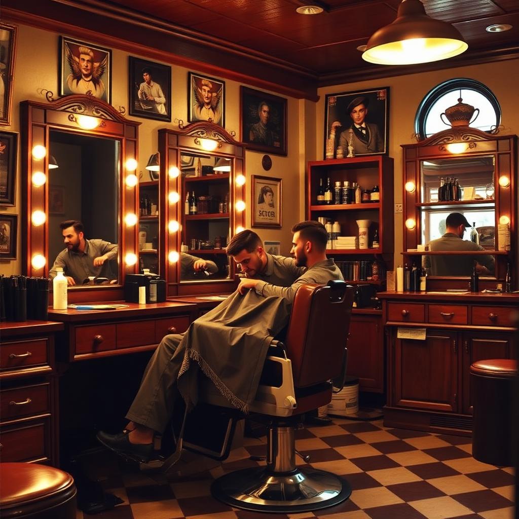 Warmly lit traditional barbershop with a barber giving a client a haircut