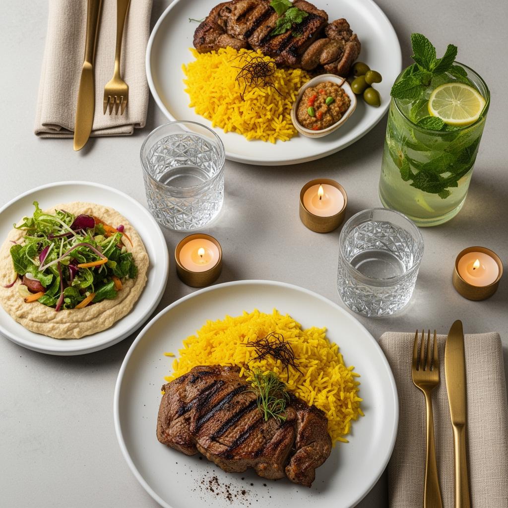Elegant halal restaurant table with grilled lamb, saffron rice, mezze and fresh mint lemonade