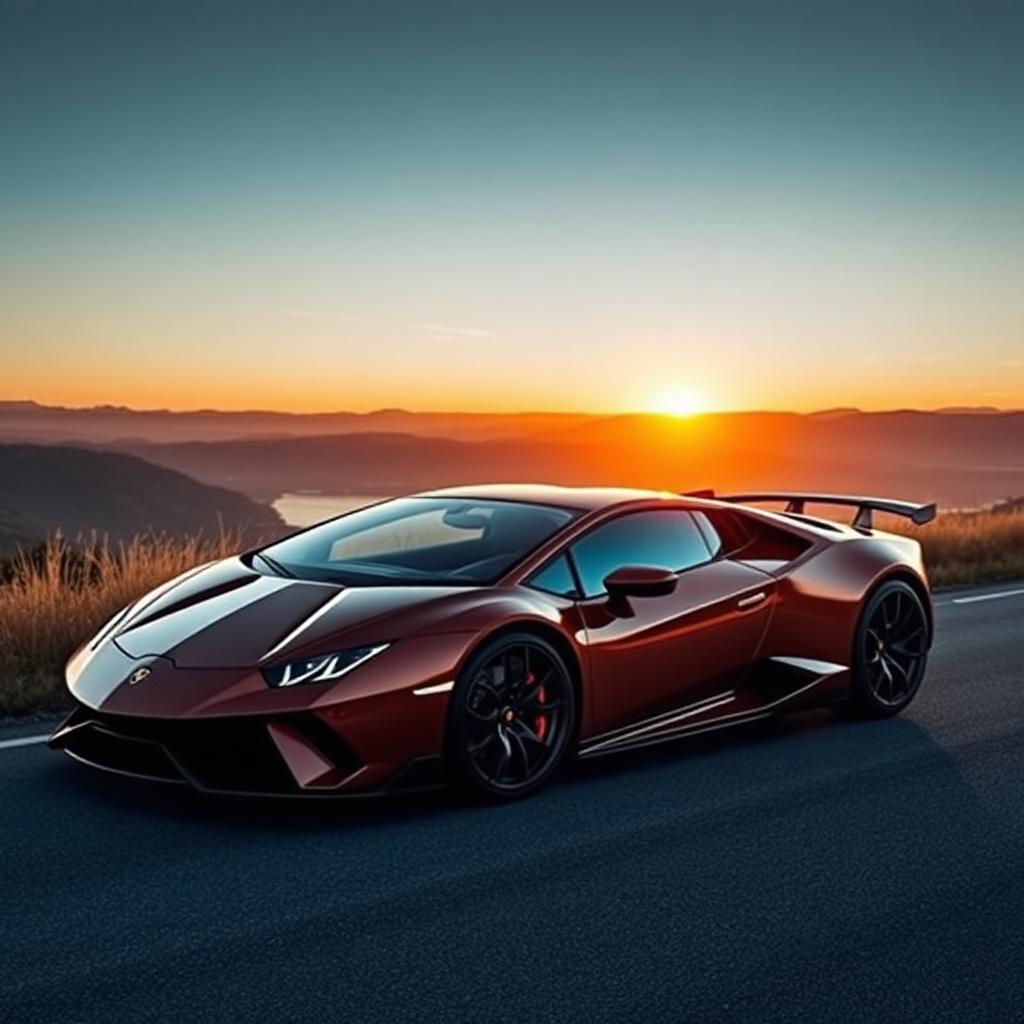 Sleek Lamborghini supercar parked on a scenic road at golden hour